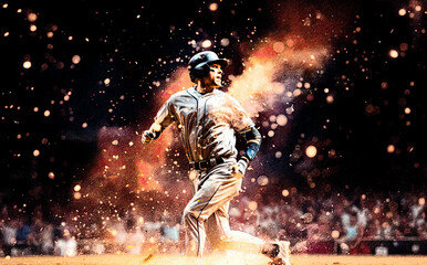 Photorealistic illustration of baseball player running, surrounded by sparks, fireworks and smoke. 
This image was created using AI generative technology.	