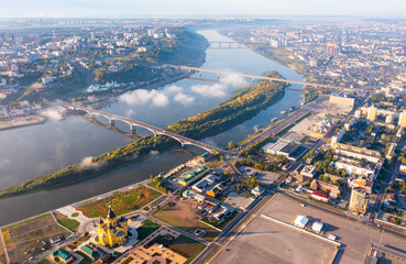 Bird's eye view of Nizhny Novgorod, Russia. Alexander Nevsky Cathedral visible from above.