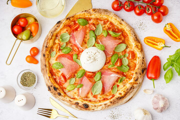Tasty pizza with Burrata cheese on light background