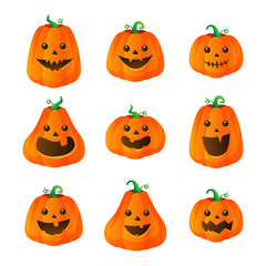 Set of halloween pumpkin with funny expression on white background. Vector illustration.