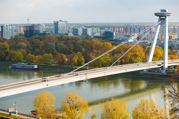 Panorama with UFO Bridge in Bratislava outdoors.