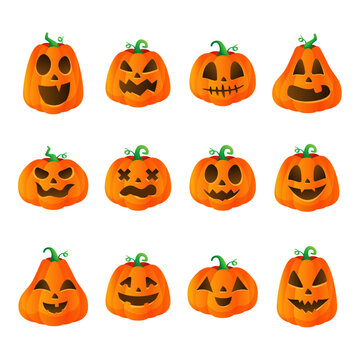 Halloween pumpkin characters with funny expression on white background. Vector illustration.