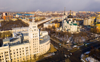 Aerial view of main Cathedral and Southeast Railway Building in Voronezh on a sunny winter day, Russia