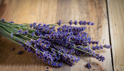 bunch of lavander on wooden background, selective focus. High quality photo