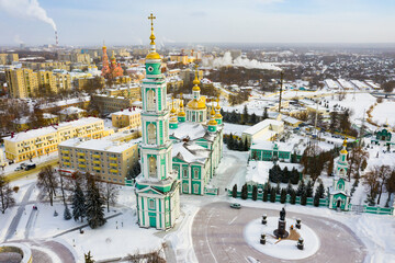 Aerial panoramic view of architectural ensemble of Spaso-Preobrazhensky Cathedral in Russian town...