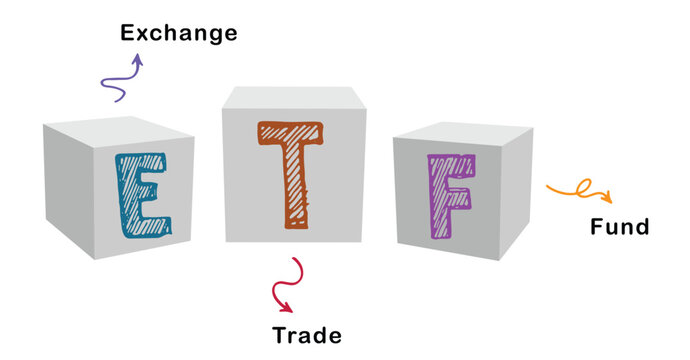 ETF. Exchange Traded Funds. Concept with cube, keywords, letters, and icons.