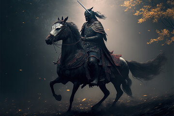 Obraz na płótnie Canvas samurai mounted on a horse ready for war