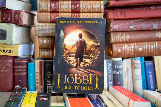 The Hobbit book by J.R.R. Tolkien at the flea market. Ankara, Turkey - August 6, 2023.