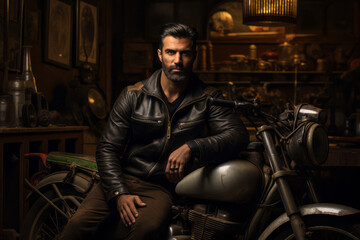 Fototapeta na wymiar A motorcycle rider captured in front of a retro backdrop, capturing the timeless appeal and nostalgia associated with classic bikes. Generative Ai