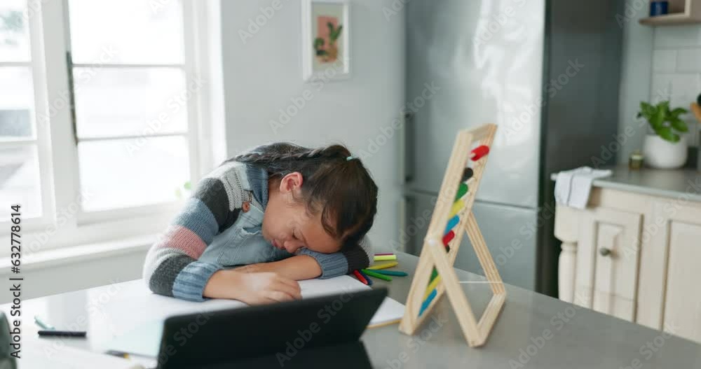 Poster home school, fatigue and child with tablet, sleep and tired while learning at kitchen counter. elear