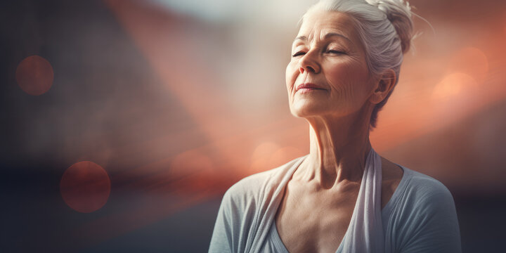 An older, mature and friendly elegant woman meditating and doing yoga with calm and serene demeanor.
