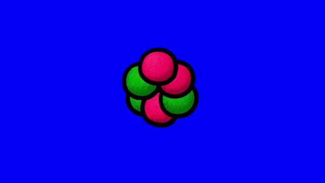 Atom hand drawn cartoon nucleus bluebox moving. Seamless loop. Isolated scientific animation.