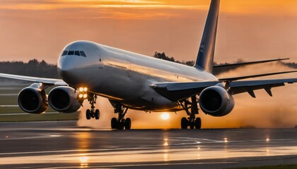 Fototapeta na wymiar Jetliner taking off from runway at sunset with landing gear down