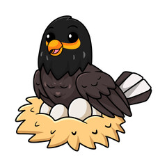 Fototapeta premium Cute myna bird cartoon with eggs in the nest