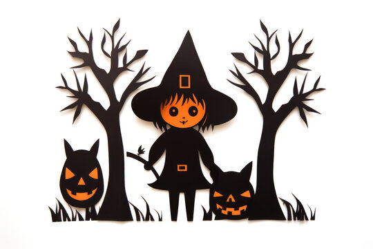 A paper cut of a witch and a cat. Digital image. Simple paper halloween character.