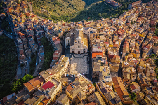 Aerial panoramic view of a beautiful Italian mountain town Centuripe, Sicily, Italy, Europe. June 2023