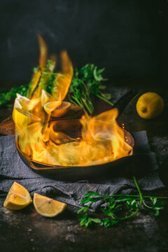 Saganaki (Greek Cheese flamed in Brandy), large flame