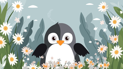 Vector illustration of a cute penguin in a field of flowers