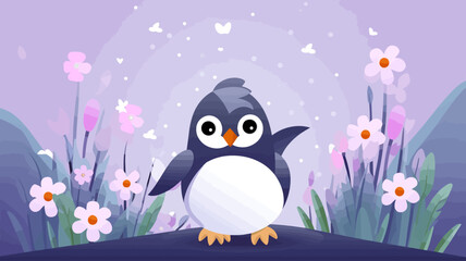 Vector illustration of a cute penguin in a field of flowers