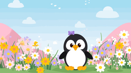 Vector illustration of a cute penguin in a field of flowers