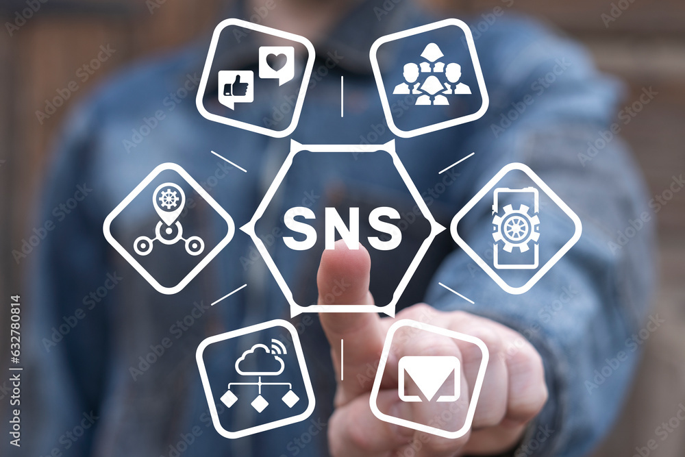 Poster man using virtual touch screen presses acronym: sns. concept of sns social networking service. socia
