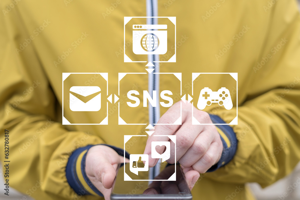 Poster man using smartphone and virtual touch screen sees abbreviation: sns. concept of sns social networki