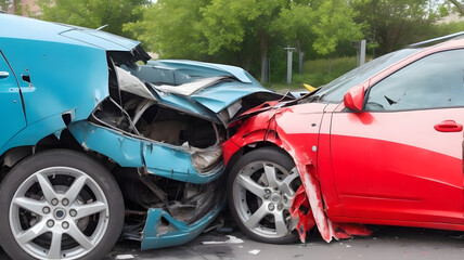交通事故、衝突後に損傷した2台の車|Traffic accident, two cars damaged after a collision. Generative AI