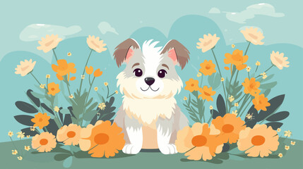 Vector illustration of a cute dog in a field of flowers