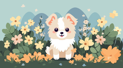 Vector illustration of a cute dog in a field of flowers