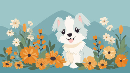 Vector illustration of a cute dog in a field of flowers