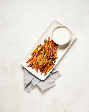 Baked Sweet Potato Fries on White Platter