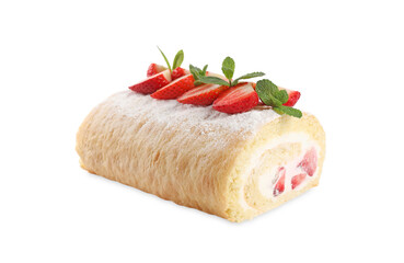 Delicious cake roll with strawberries and cream isolated on white