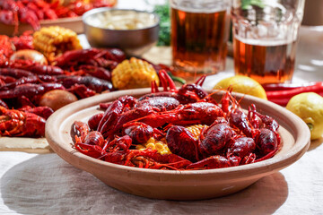 Crawfish party, boiled Louisiana,with corn on the cob, potatoes. Crawfish boiled in Cajun seasonings and herbs.with beer, New Orleans,  Classic Cajun or Creole cuisine
