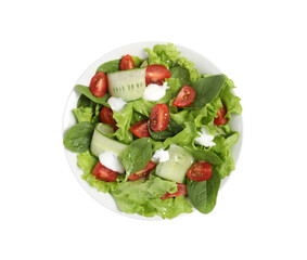 Delicious vegetable salad isolated on white, top view