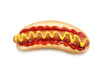 Yummy hot dog with ketchup and mustard isolated on white