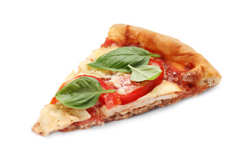 Piece of delicious Caprese pizza isolated on white