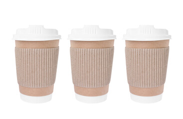 To-go drink. Set with three paper coffee cups isolated on white