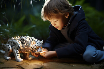 Future wildlife toy blending tech& nature.  children and toy interaction. Show kids with a device tracking animals in the vivid wilderness, inspiring a profound nature connection.