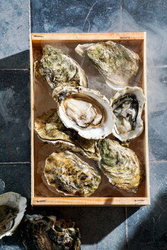 fresh raw oysters on ice in a wooden box, top view