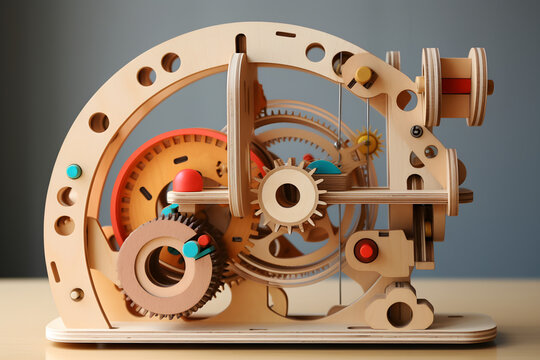 A multicolor wooden toy that could be used to create art. A toy would help children express themselves and develop their imaginations. contained cogs, wheels, globes