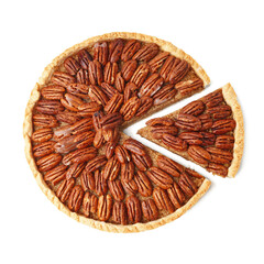 Tasty pecan pie on white background