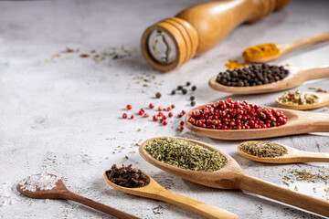 Various spices and seasonings in wooden spoons.