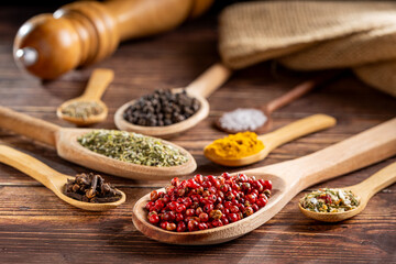 Various spices and seasonings in wooden spoons.