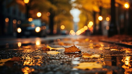 evening wet street asphalt with puddle blurred city colorful neon light  ,autumn leaves ,and people walk with umbrellas