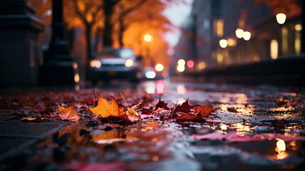 evening wet street asphalt with puddle blurred city colorful neon light  ,autumn leaves ,and people walk with umbrellas