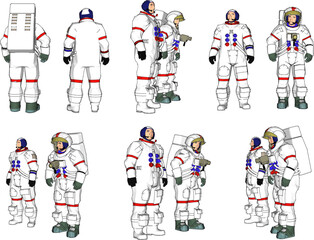 Vector sketch illustration of space station satellite astronaut in spacesuit