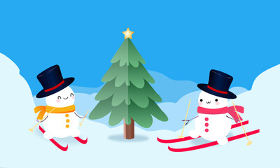 snowman's in  flat style with x mas tree background for  winter card baner poster