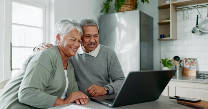 Happy, wave and laptop with old couple on video call in kitchen for communication, social media or network. Love, kiss and smile with portrait of senior man and woman at home for greeting and contact