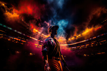 Photorealistic illustration of baseball player in a nighttime stadium with dramatic lighting and smoke.
This image was created using AI generative technology.	