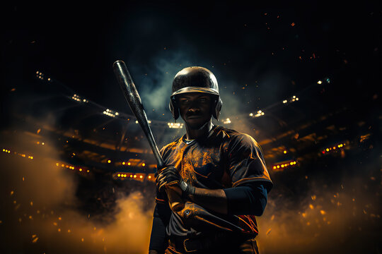 Photorealistic illustration of baseball player in a nighttime stadium with dramatic lighting and smoke.
This image was created using AI generative technology.	